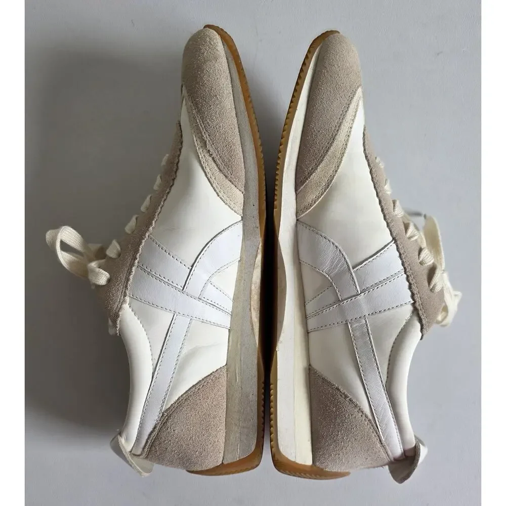 Tory Burch Hank Logo Leather Suede Lace Up Sneakers White Beige Size 10